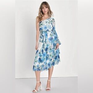 New Sz XS Lulus Such Sweetness Blue Floral Print Tiered Ruffled Midi Dress